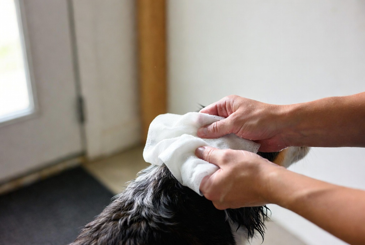 Quick rainy day dog odor eliminator using dryer sheet wipe down for fresh smelling pet coat, practical home pet care hack
