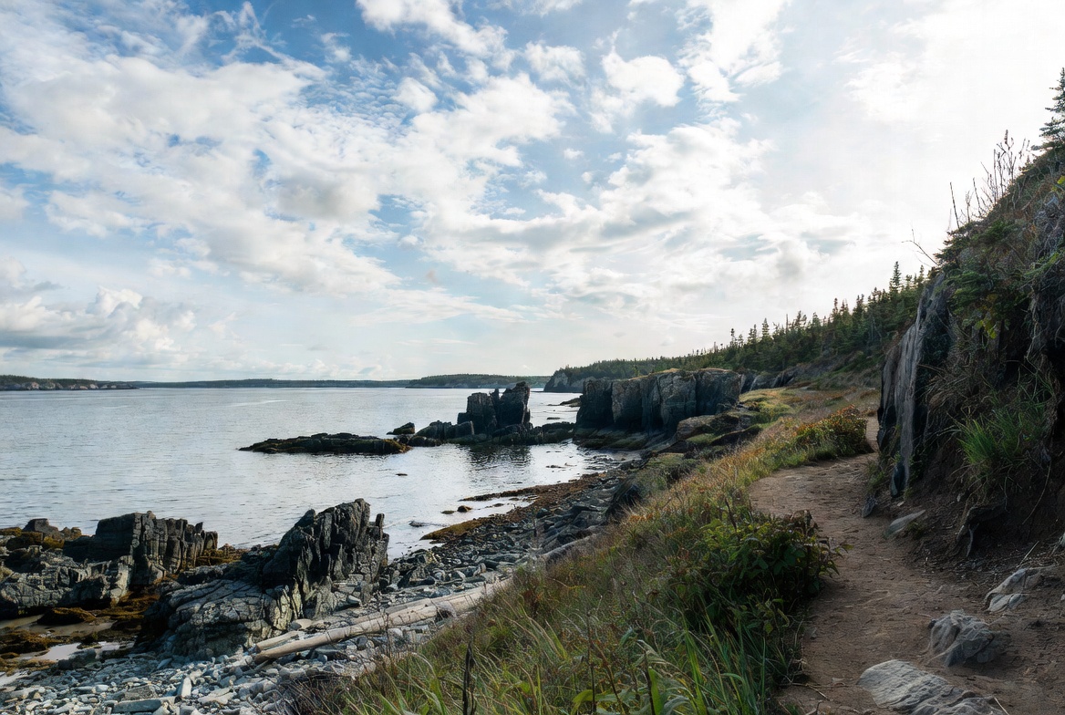 Rocky coastal hiking trail along the shoreline with forest and calm water, Canadian nature landscape