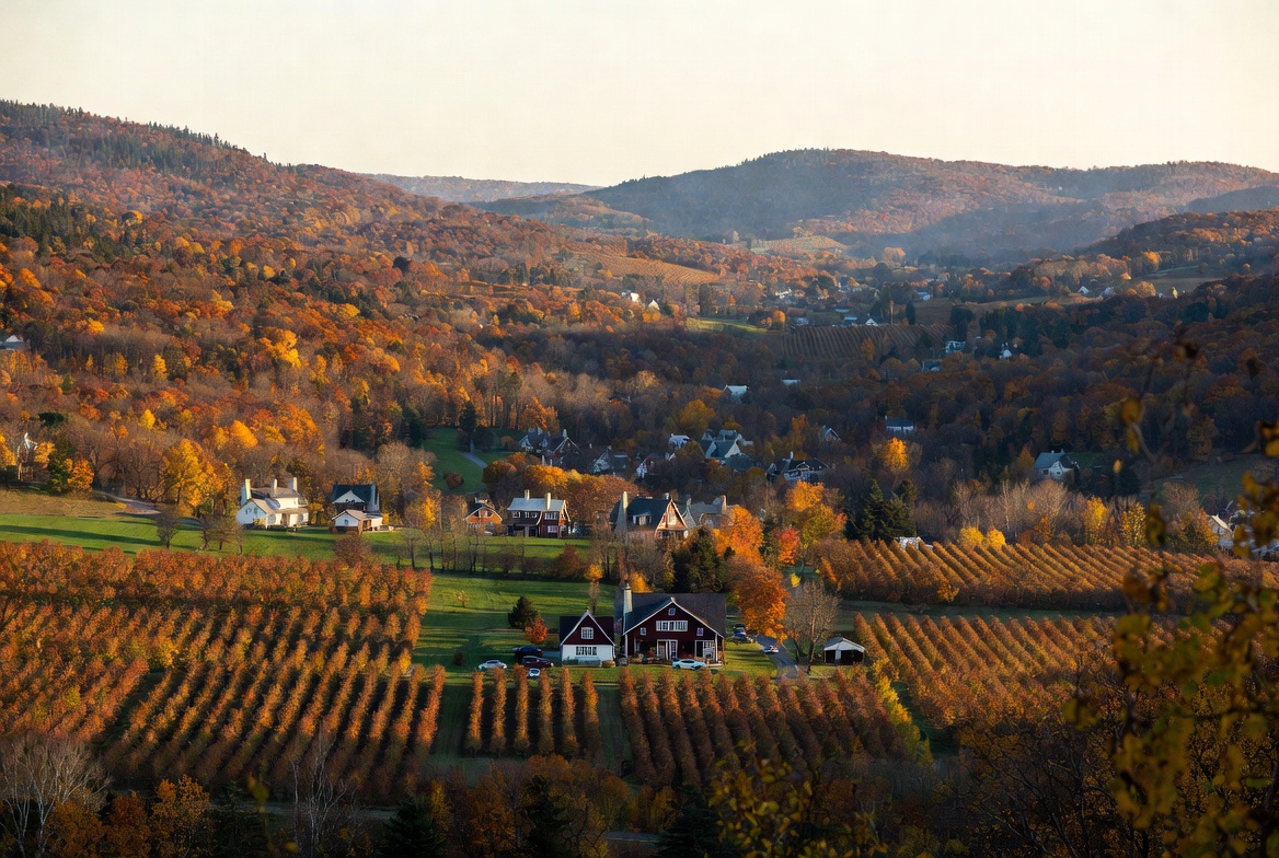 Rolling hills and charming village in Eastern Townships Quebec during golden hour in fall, scenic Canadian countryside landscape