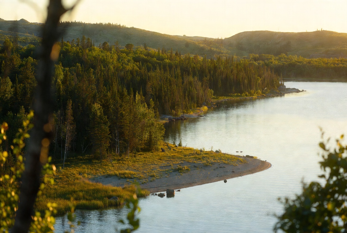 Serene lake with forested shoreline at Riding Mountain National Park Manitoba Canada at golden hour