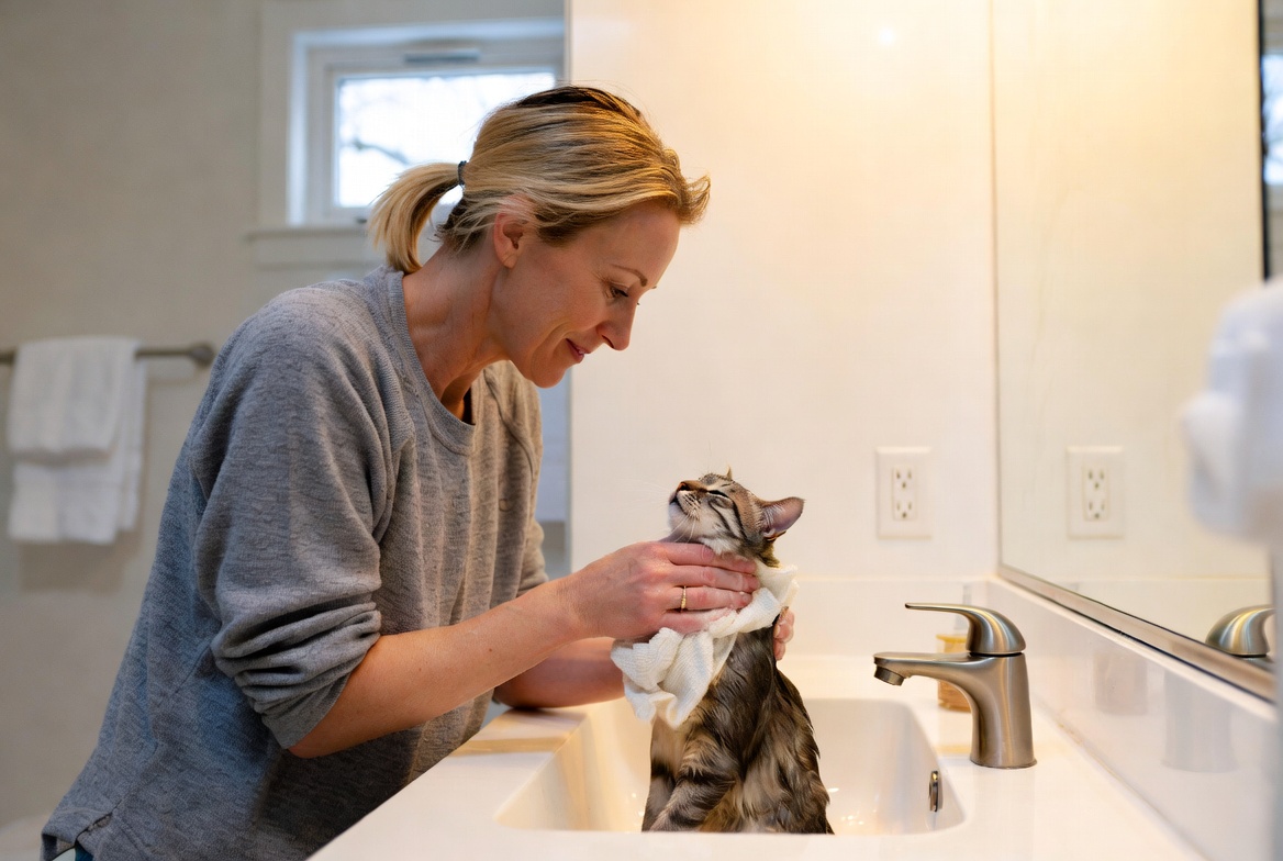 Smiling woman gently washing her tabby cat in a bathroom sink using a soft towel gentle cat bathing routine