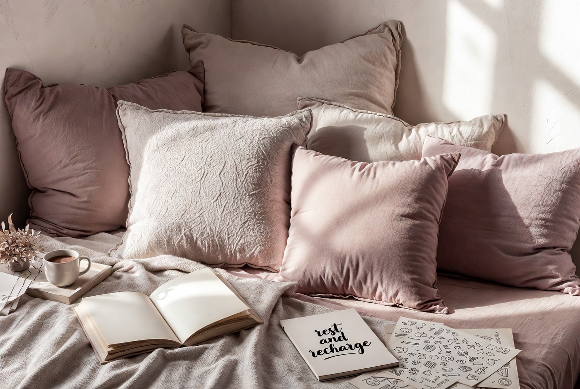 Soft plush decorative pillows arranged in cozy relaxing bedroom setting with throws and book, pastel aesthetic lifestyle flatlay
