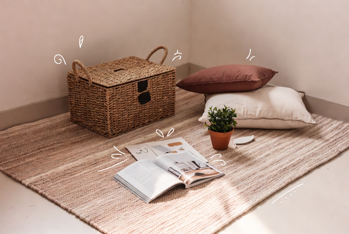 Soft textured neutral carpet in cozy room corner styled with pillows and plants, warm inviting home lifestyle scene in muted tones
