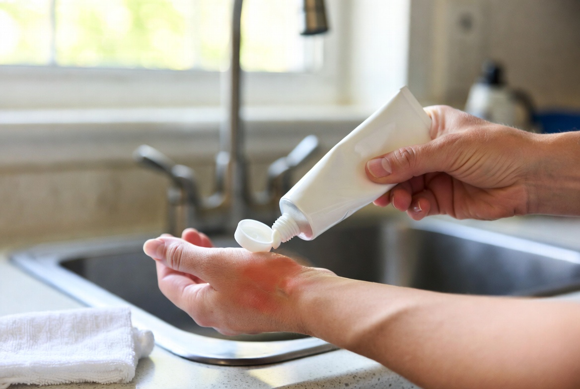 Soothing toothpaste salve applied to minor skin burn for natural cooling relief, practical home first aid remedy