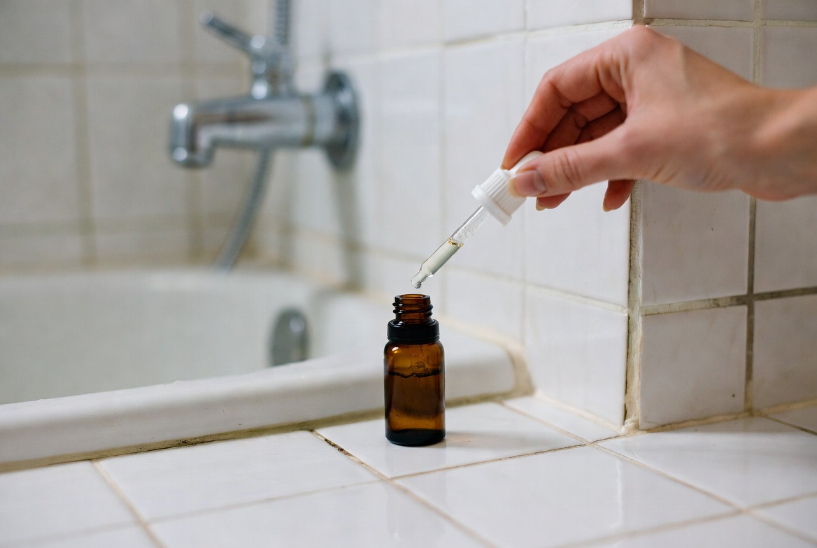Tea tree oil drops in bathroom corner to naturally prevent mold and mildew on tiles and grout - home remedy for damp areas