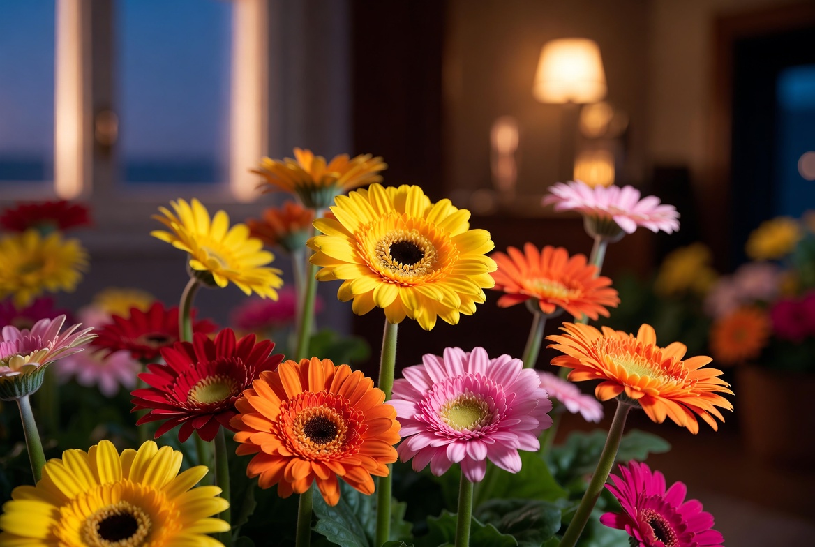 Vibrant gerbera daisies in yellow, orange, pink and red – cheerful indoor flowering plants perfect for home decor