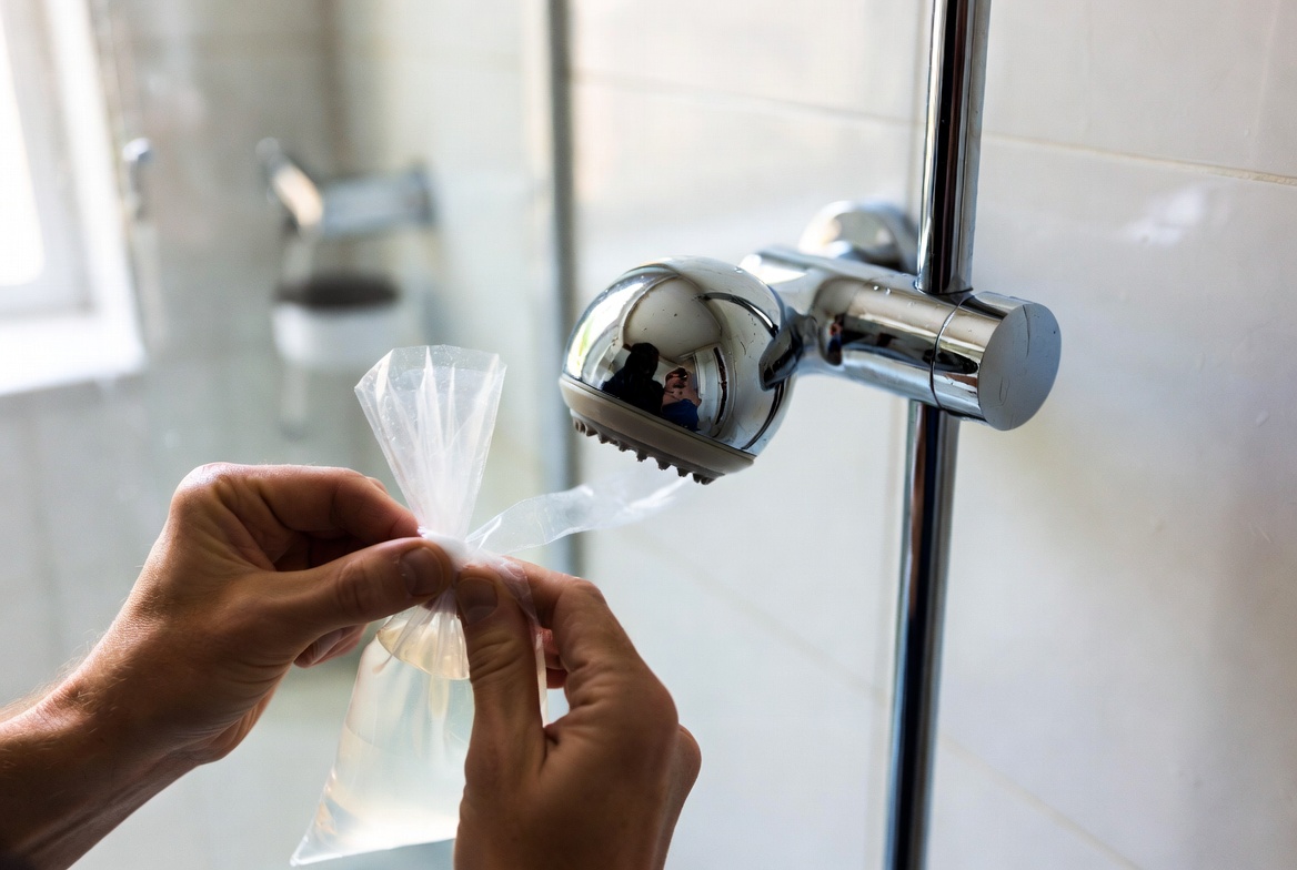 Vinegar bag tied on showerhead to dissolve mineral deposits and clogs overnight in bathroom cleaning hack