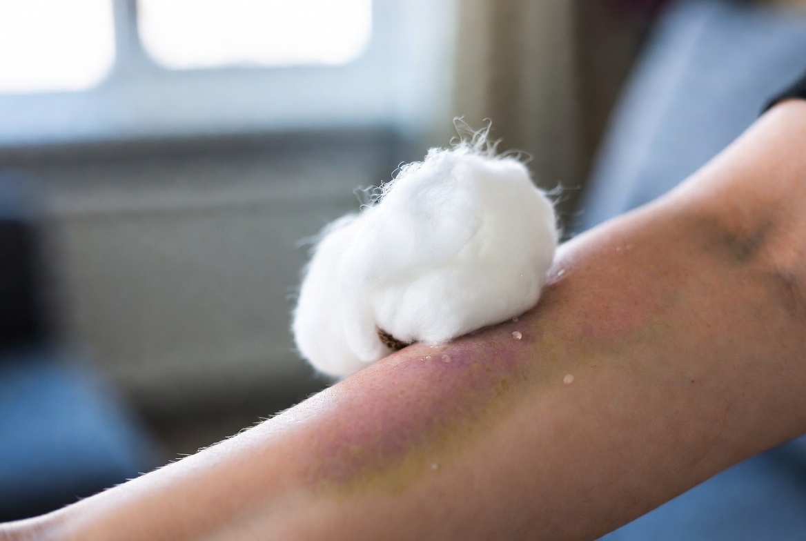 Vinegar compress on bruise to reduce swelling and discoloration, natural healing home remedy