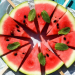 Watermelon slices on sticks arranged in a circular pattern on turquoise wooden table with mint leaves, fresh summer watermelon pops flat lay