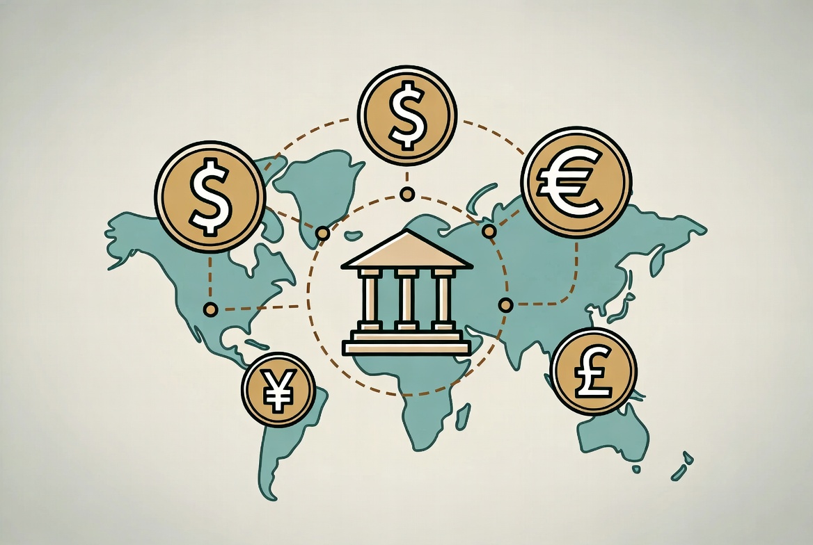 Minimalist three-panel illustration explaining how banks make money. Left panel Two people depositing a large dollar coin into a classical bank building