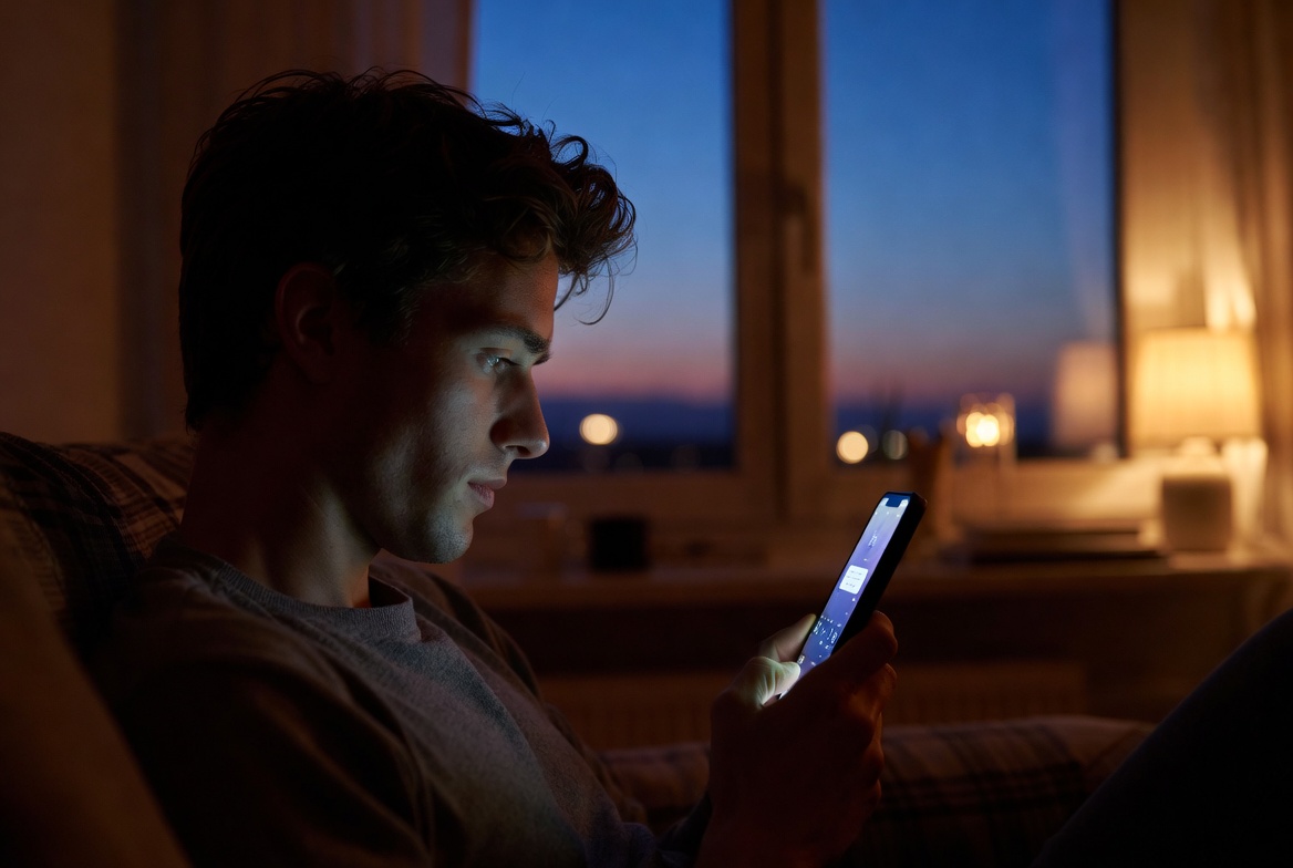 Young man relaxing on sofa using smartphone in cozy home at dusk with warm indoor and cool blue window light