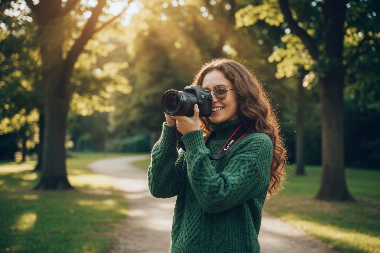 Young woman with long hair in a green sweater photographing with a DSLR camera in a sunny park, creative outdoor photography lifestyle scene