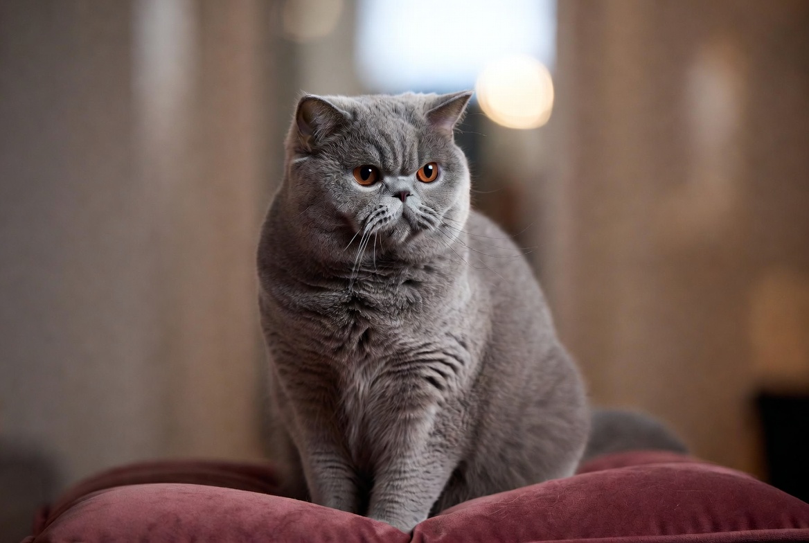 blue British Shorthair cat with round face and copper eyes, posed elegantly indoors.