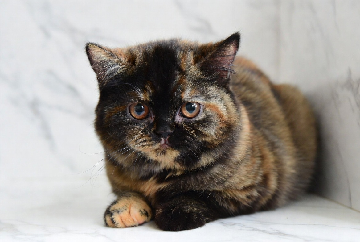 tortoiseshell Exotic Shorthair cat with plush coat and sweet expression.