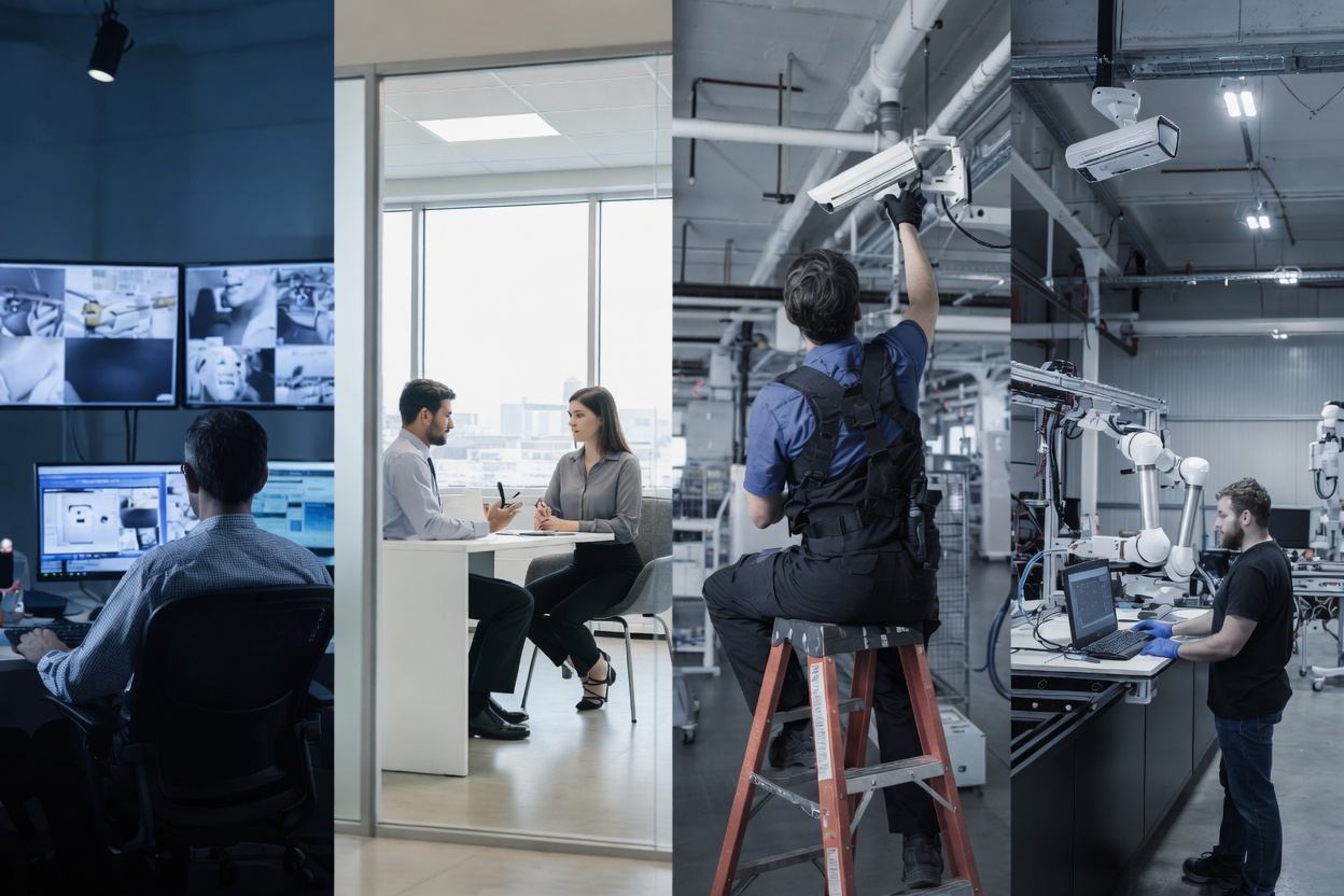 4 panel collage of top paying retail jobs in Canada featuring loss prevention manager district manager retail IT specialist and e commerce operations professional in professional work environments