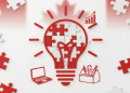 Business innovation illustration with puzzle light bulb and workplace icons representing career growth and creative problem-solving