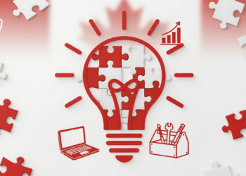 Business innovation illustration with puzzle light bulb and workplace icons representing career growth and creative problem-solving