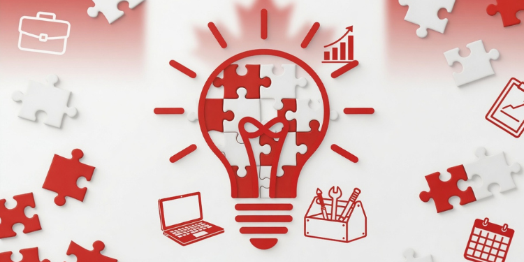 Business innovation illustration with puzzle light bulb and workplace icons representing career growth and creative problem-solving