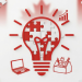 Business innovation illustration with puzzle light bulb and workplace icons representing career growth and creative problem-solving