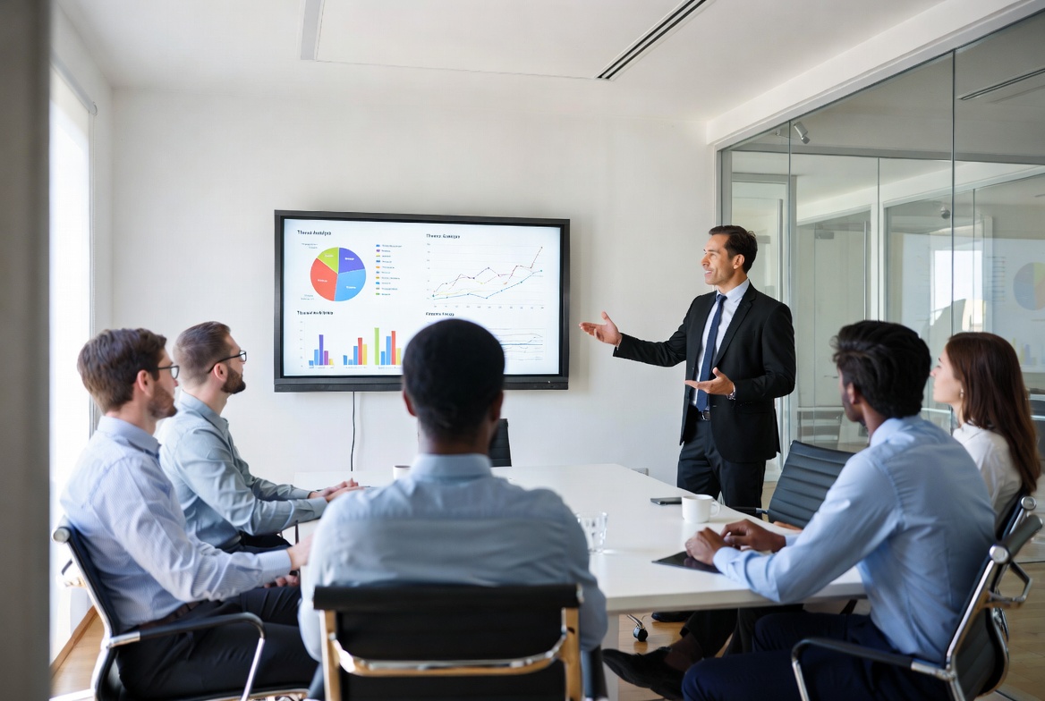 Businessman in suit presenting financial data and charts during a corporate boardroom meeting, team listening attentively in modern office