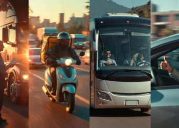 Collage of driving careers in Canada featuring a truck driver, delivery rider, bus driver, and rideshare driver on busy urban roads during golden hour