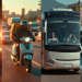 Collage of driving careers in Canada featuring a truck driver, delivery rider, bus driver, and rideshare driver on busy urban roads during golden hour
