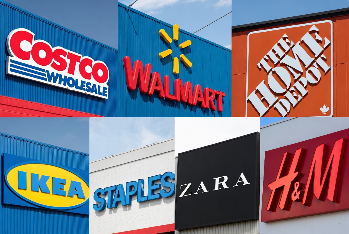 Collage of popular Canadian retail store logos including Costco, Walmart, Home Depot, IKEA, Staples, Zara, and H&M
