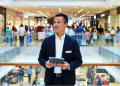 Confident retail store manager standing in a busy shopping mall, holding a tablet while overseeing operations, career growth in retail management