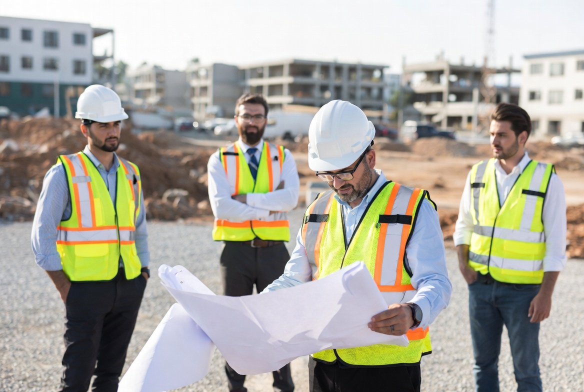 Construction managers and supervisors in hard hats and safety vests reviewing building plans on an active construction site