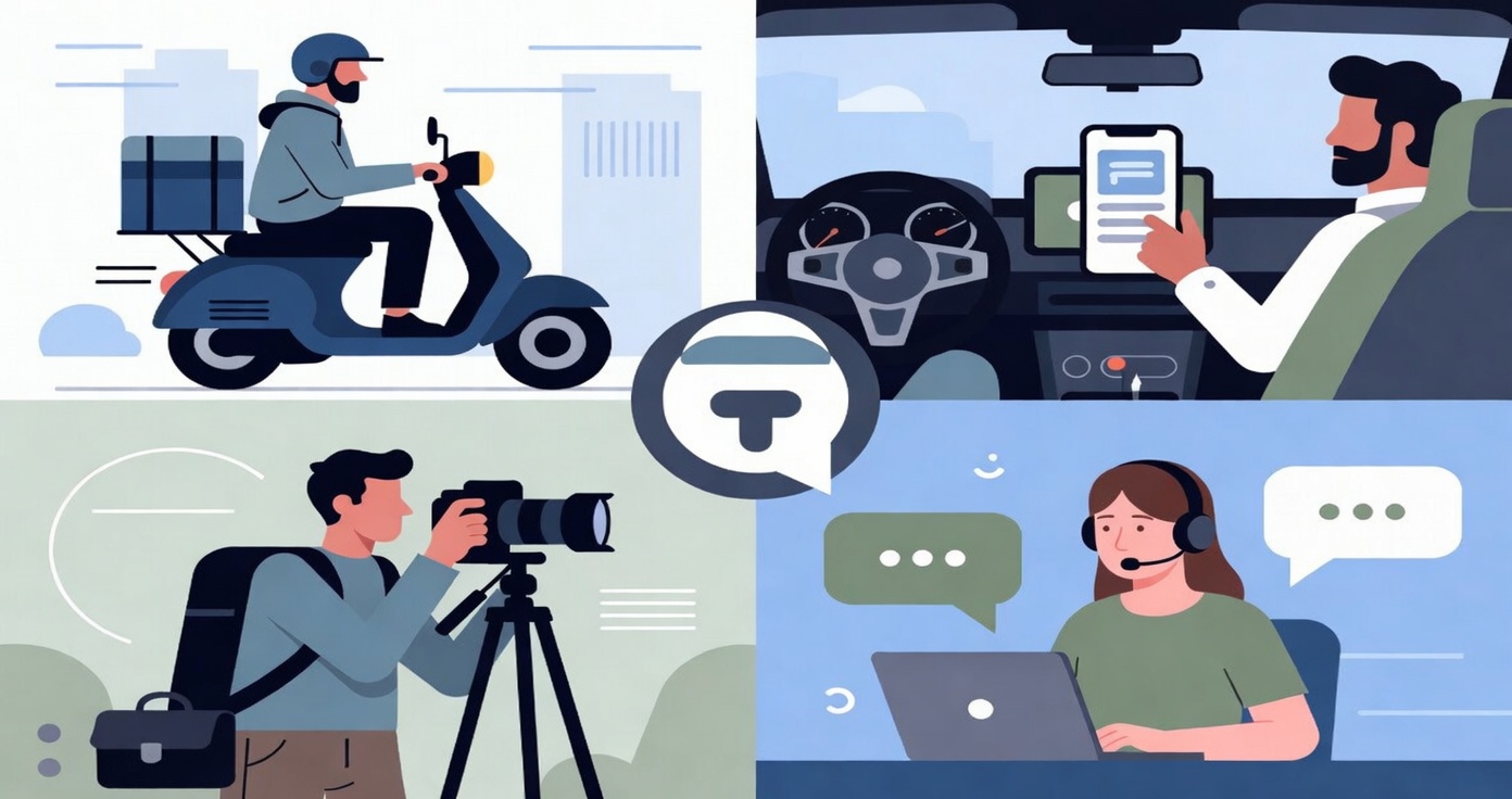 Diverse gig economy workers illustration food delivery on scooter, rideshare driver, professional photographer, and remote customer service representative flat vector design