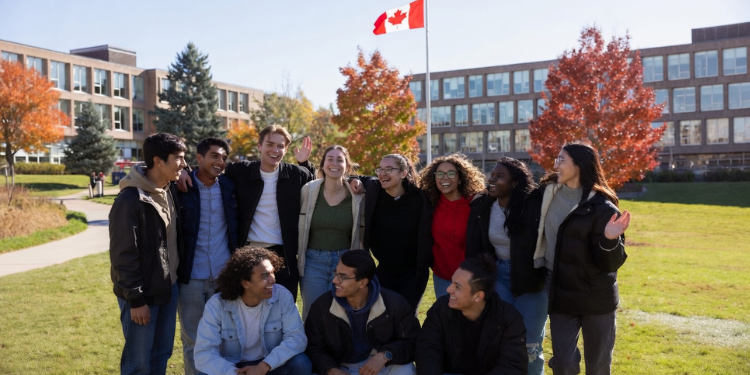 Diverse group of happy Canadian university students smiling together on a sunny autumn campus with Canadian flag waving in background