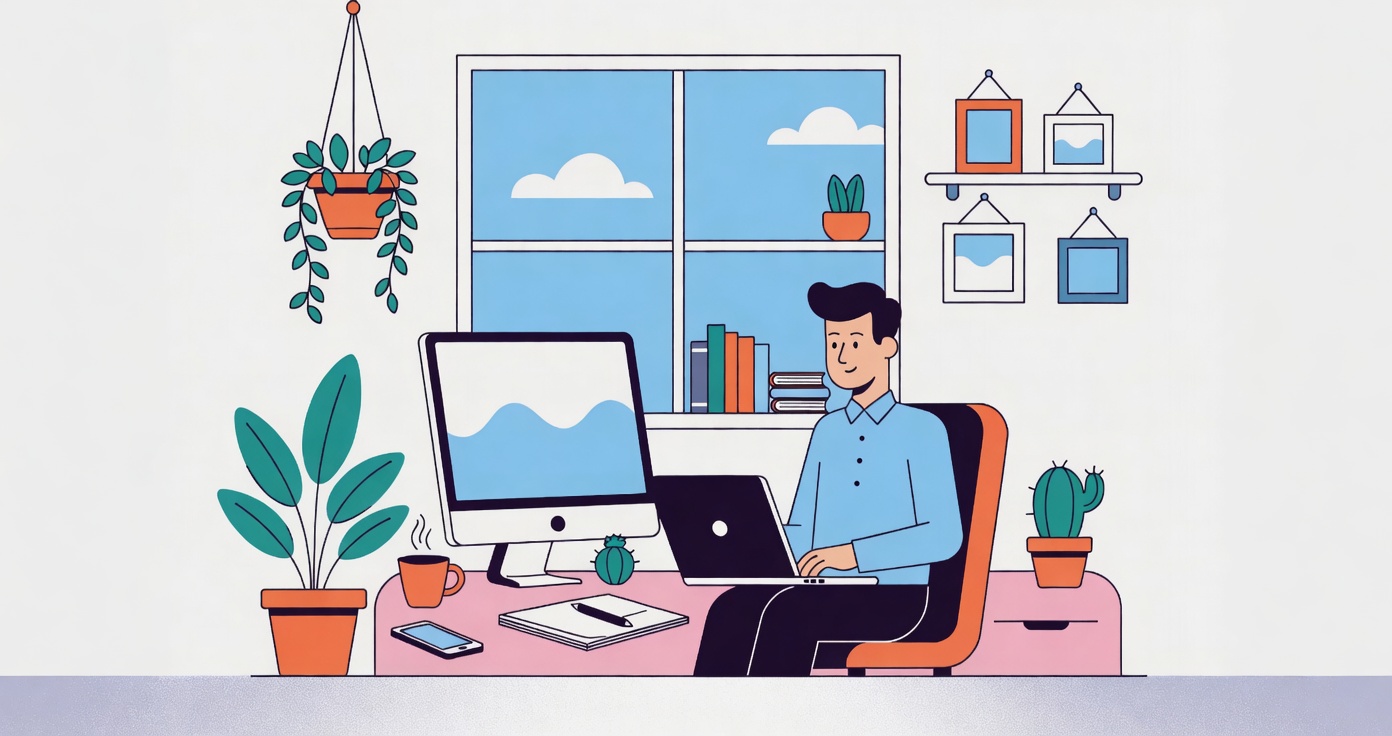 Freelance graphic designer working from home office at laptop and desktop computer, comfortable remote work setup with plants and natural light flat vector illustration