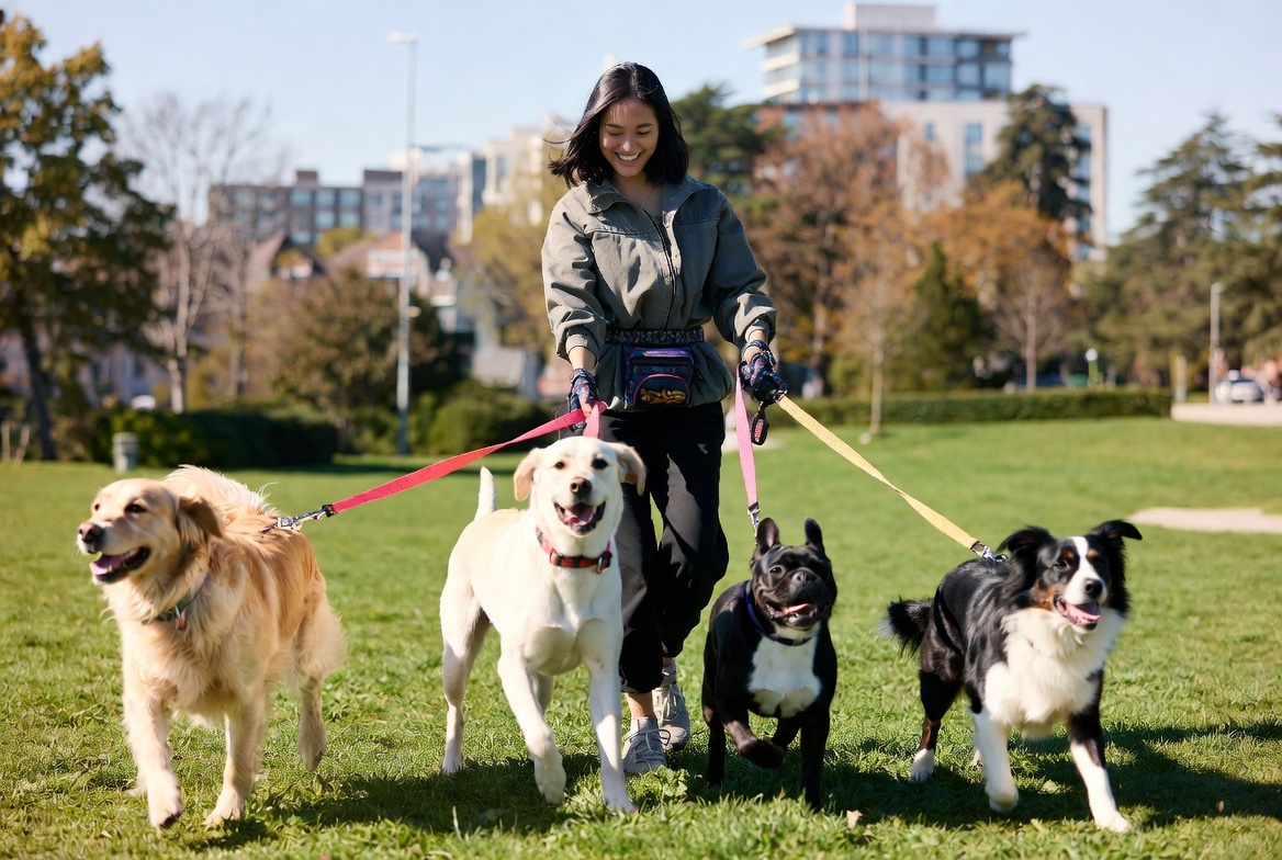 Happy dog walker smiling while walking multiple dogs in a sunny park
