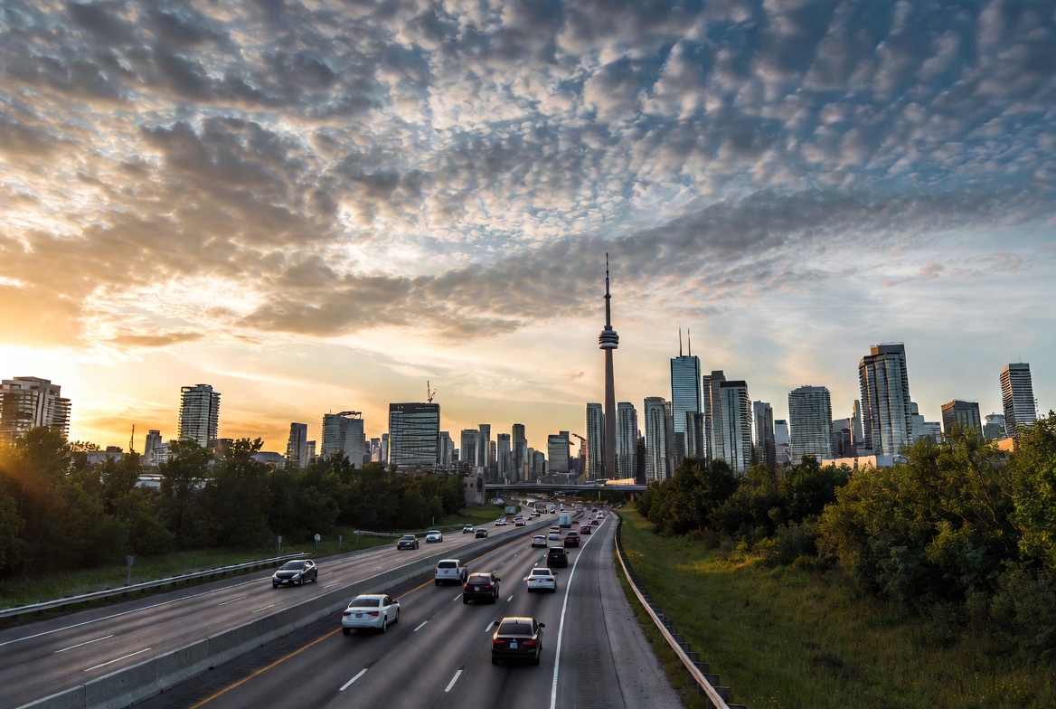 Highway leading to Toronto skyline at golden hour with CN Tower, busy traffic on multi lane freeway approaching downtown Toronto, Canada