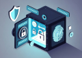 Isometric cyber security vault illustration with fingerprint scanner and locks for password manager app design