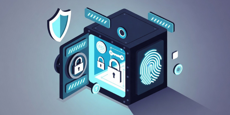 Isometric cyber security vault illustration with fingerprint scanner and locks for password manager app design