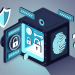 Isometric cyber security vault illustration with fingerprint scanner and locks for password manager app design