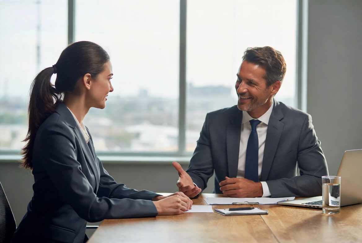 Job interview in progress confident young woman candidate in professional attire talking with male hiring manager at a conference table in a bright modern office