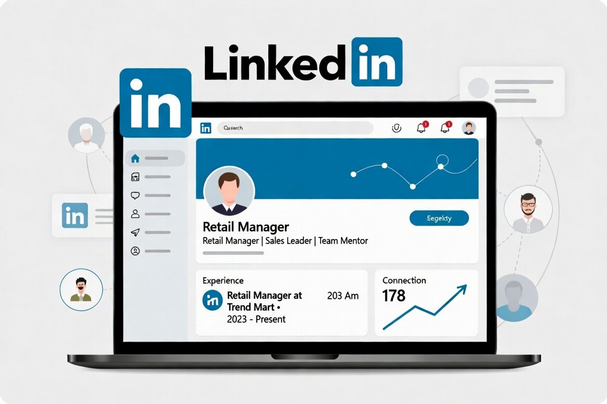 LinkedIn profile of a Retail Manager on a laptop screen showing career growth sales leadership team mentoring experience and professional network connections retail management career advice