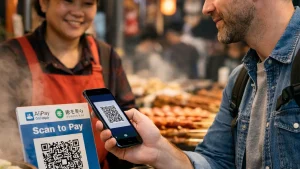 Man scanning Alipay QR code at a Chinese street food stall to pay with mobile payment.