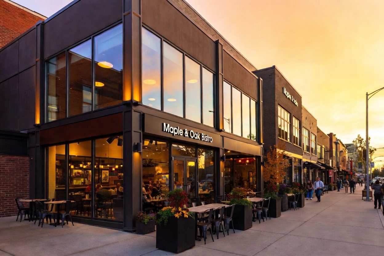 Modern restaurant exterior with outdoor seating on a lively city street at sunset