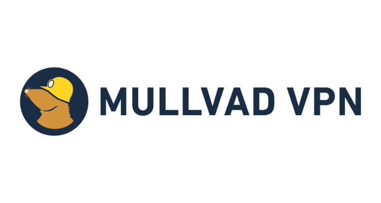 Mullvad VPN logo cartoon mole in yellow hard hat inside dark blue circle next to bold text