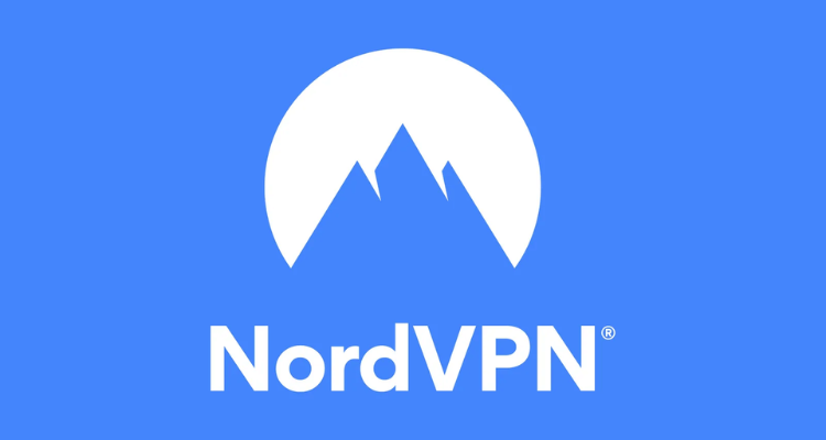 NordVPN logo white mountain peak design within semicircle on solid blue background with brand name below