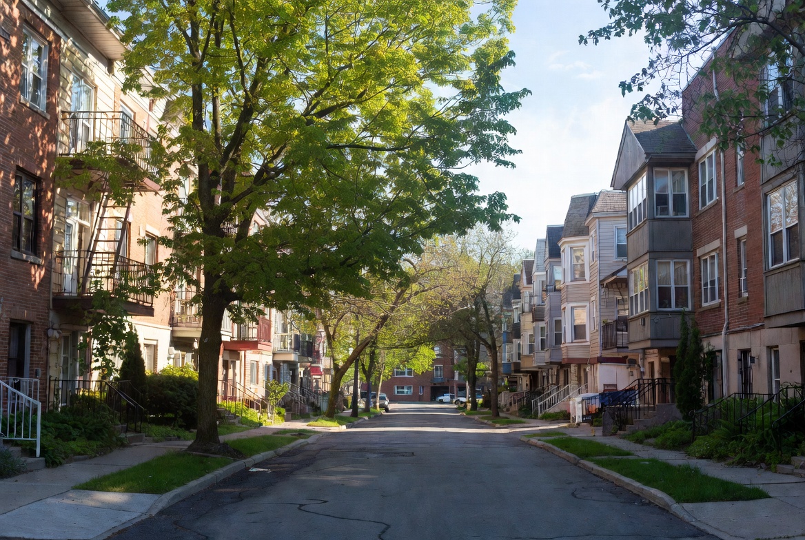 Peaceful tree lined residential street with beautiful houses and green lawns in Canadian neighborhood during sunny day