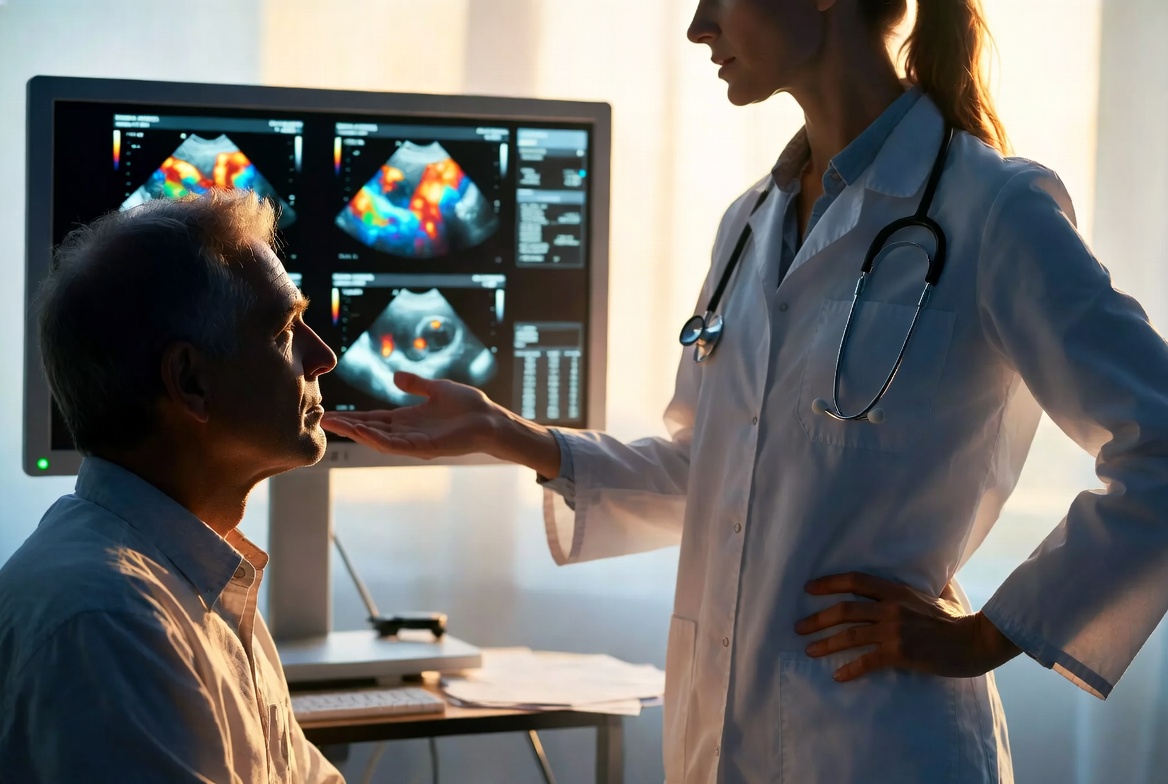 Professional female sonographer explaining ultrasound results to a patient in a modern medical clinic, doctor reviewing colorful sonogram images on monitor