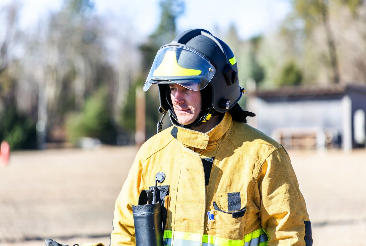 Professional firefighter in full turnout gear and helmet standing ready during daytime training or emergency response