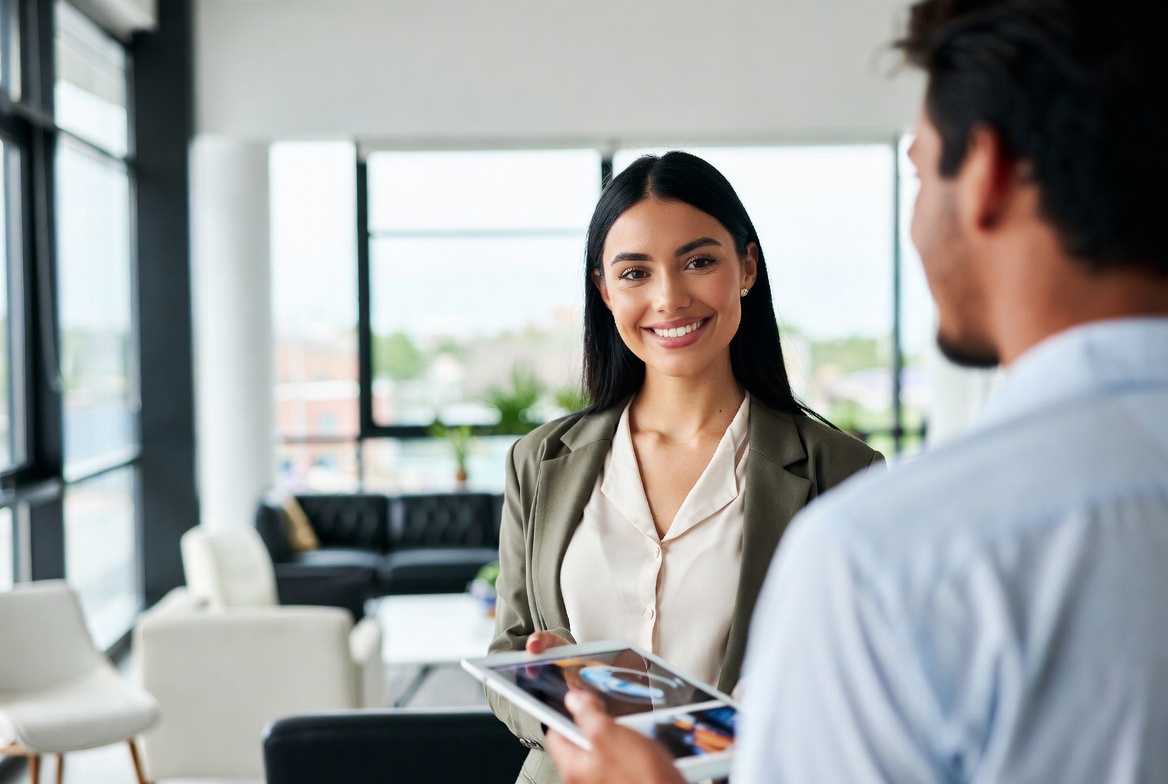 Professional saleswoman smiling and presenting on a tablet to a client