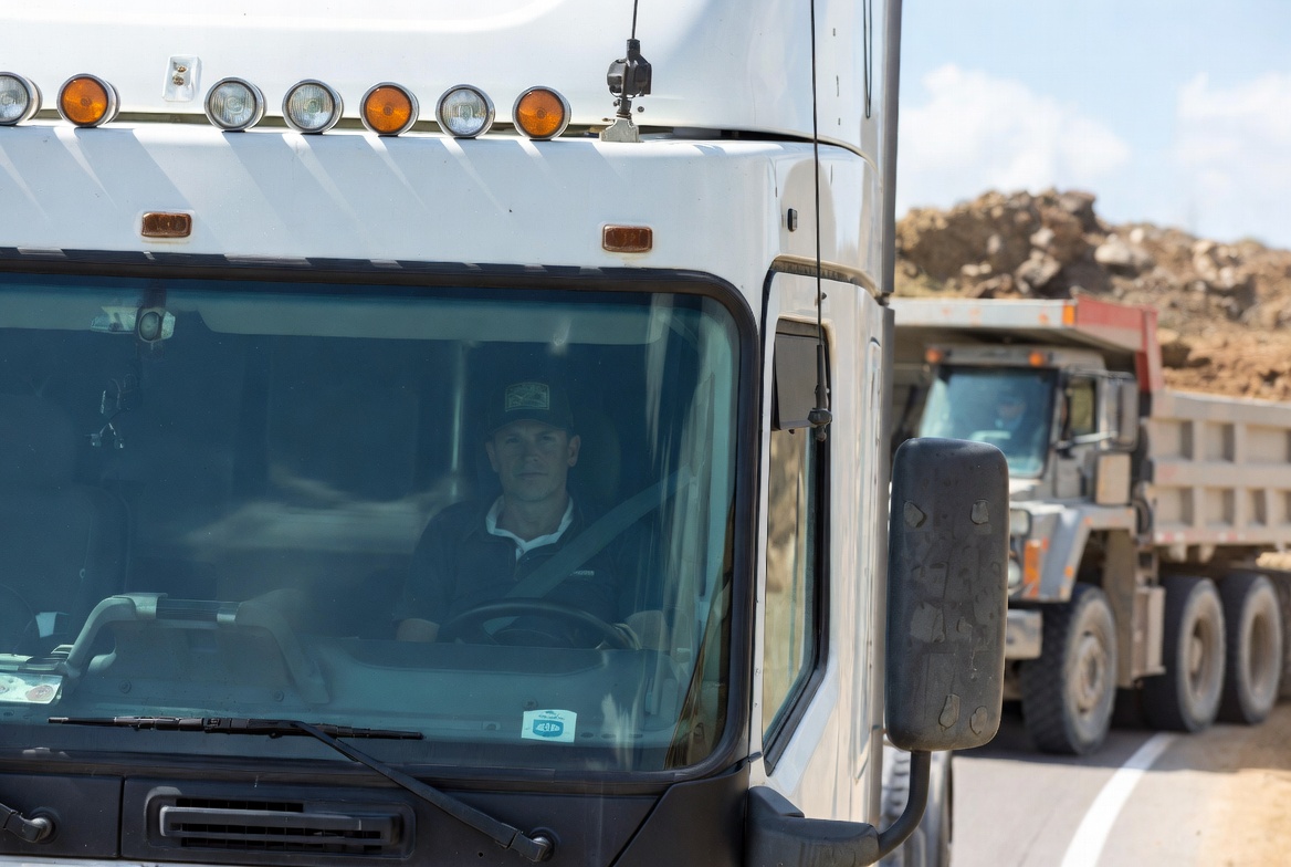Professional truck driver in semi-truck cab with dump truck visible at industrial worksite during daytime