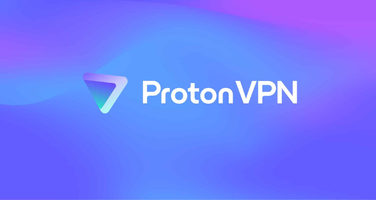 ProtonVPN logo colorful gradient triangular icon next to white ProtonVPN text on blue purple background