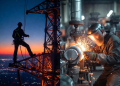 Skilled trades workers in Canada including a powerline technician climbing a transmission tower at sunset and a welder operating industrial machinery in a factory.